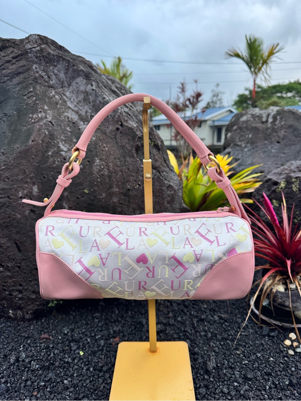 Furla Vintage Pink Logo Heart Barrel Shoulder Bag Made in Italy Y2K